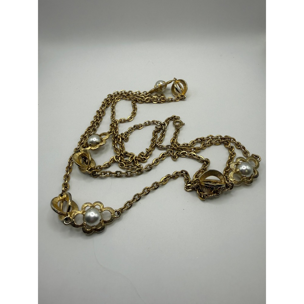 Vintage Gold Faux Pearl Floral Station Long Double Strand Chain Necklace Retro - Picture 2 of 9
